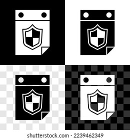 Set Calendar with shield icon isolated on black and white, transparent background. Insurance concept. Guard sign. Security, safety, protection, privacy concept.  Vector