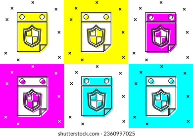 Set Calendar with shield icon isolated on color background. Insurance concept. Guard sign. Security, safety, protection, privacy concept.  Vector