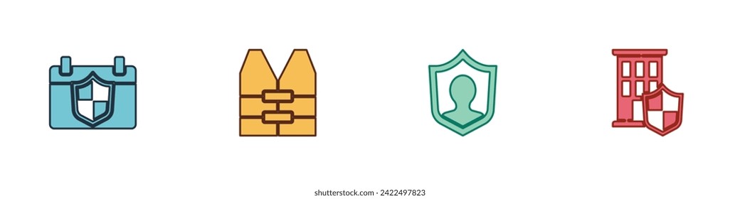 Set Calendar with shield, Life jacket, insurance and House icon. Vector