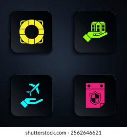 Set Calendar with shield, Lifebuoy, Plane in hand and House. Black square button. Vector