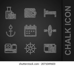 Set Calendar, Ship steering wheel, Passport with visa stamp, Kayak canoe, Action extreme camera, Anchor, Bed and Suitcase icon. Vector