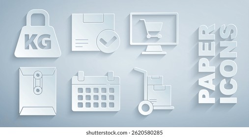 Definir calendário, Carrinho de compras no computador, Envelope, Caminhão de mão e caixas, Pacote com marca de seleção e ícone Peso. Vetor