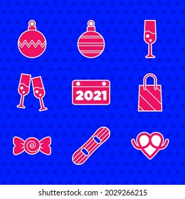 Set Calendar, Snowboard, Pretzel, Christmas shopping bag, Candy, Glass of champagne,  and ball icon. Vector