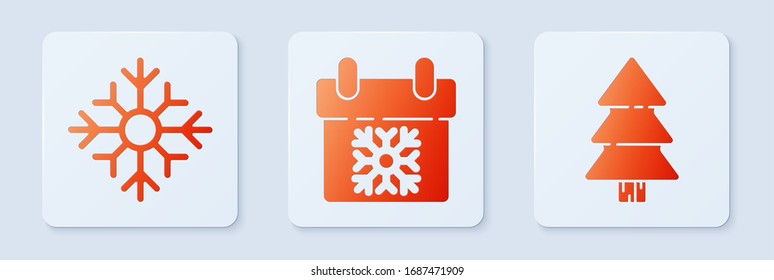 Set Calendar, Snowflake and Christmas tree. White square button. Vector