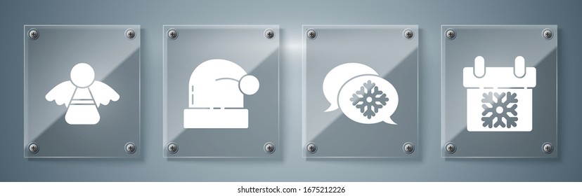 Set Calendar, Snowflake with speech bubble, Christmas Santa Claus hat and Christmas angel. Square glass panels. Vector