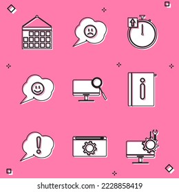 Set Calendar, Speech bubble with sad smile, Stopwatch, face, Computer monitor diagnostics, User manual, Exclamation and Setting icon. Vector