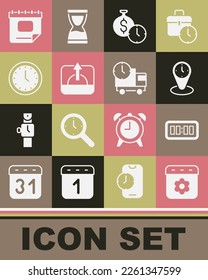 Establecer la primavera del calendario, reloj de alarma digital, relojes de zona horaria, es dinero, Sunrise, Clock, y el camión de entrega e icono de hora. Vector