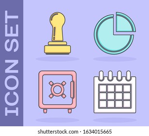 Set Calendar, Stamp, Safe and Pie chart infographic icon. Vector