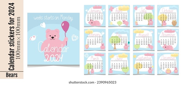 Set of calendar stickers by month for 2024. The week starts on Monday.Cute calendars with pink cartoon bears.Kids stickers for planning.Templates for printing for cute stationery. Isolated on white.