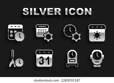 Establezca el icono Calendario, verano, Reloj, Reloj antiguo, Tiempo de limpieza, Administración de horas y configuración. Vector