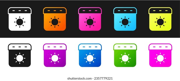 Establezca el icono de verano del calendario aislado en fondo blanco y negro. Símbolo del recordatorio de evento.  Vector