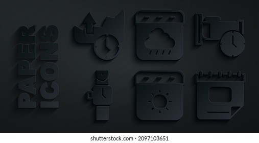 Set Calendar summer, Time to sleep, Wrist watch, autumn and Stocks market growth graphs icon. Vector