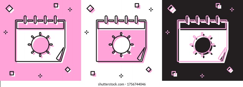 Set Calendar and sun icon isolated on pink and white, black background. Event reminder symbol. Vector Illustration