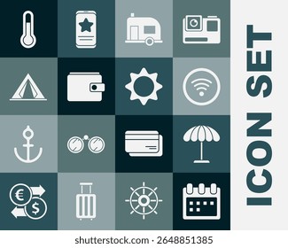 Set Calendar, Sun protective umbrella for beach, Wi-Fi wireless internet network, Rv Camping trailer, Wallet, Tourist tent, Meteorology thermometer and  icon. Vector
