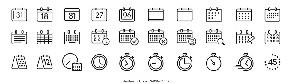  Set of calendar symbols. Calendar set. Meeting Deadlines icon. Thin line design