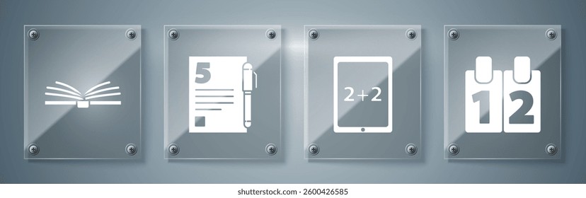 Set Calendar, Tablet with calculator, Test or exam sheet and pen and Open book. Square glass panels. Vector