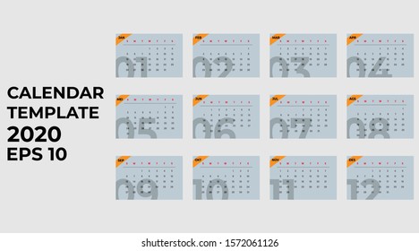 set of Calendar template 2020, 12 month vector eps 10