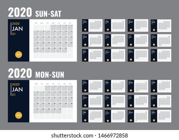 Set Calendar template for 2020 year. Planner diary in a minimalist style Week Starts Sunday and Monday. Corporate and business calendar. 2020 calendar in minimal blue and yellow color event planner.