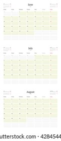Set of Calendar Templates for June, July, August 2016. Week Starts Monday. Summer 2016. Planner Design Print Template. Vector Calendar. Stationery Design