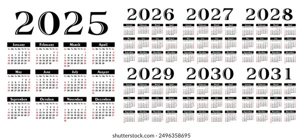 A set calendar templates for a year 2025 - 2031.
