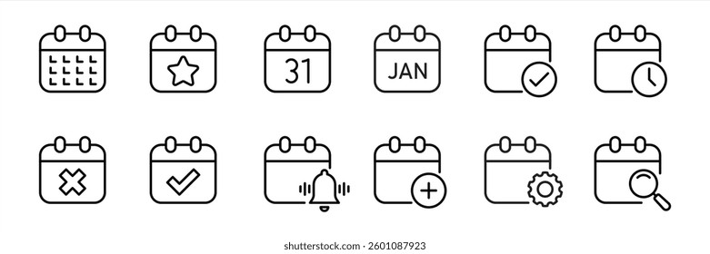 set of calendar thin line icon. containing deadline, season, schedule, reminder, agenda, planning management icon collections. vector illustration