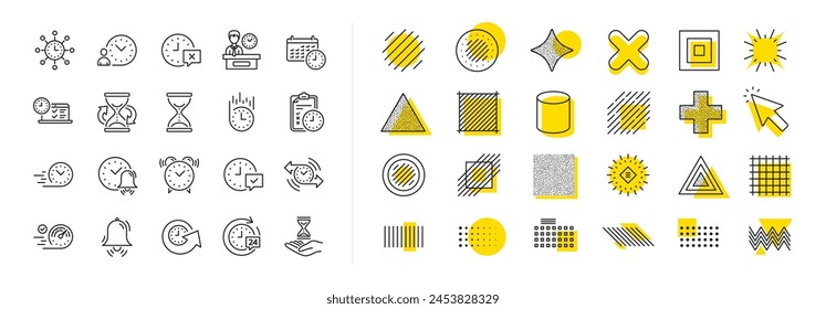 Set of Calendar, Time management timer and Delivery service linear icons. Design shape elements. Time line icons. Checklist, Stopwatch timer and hourglass. Vector