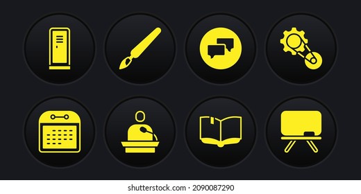 Set Calendar, Timing belt kit, Gives lecture, Open book, Speech bubble chat, Paint brush, Chalkboard and Locker or changing room icon. Vector