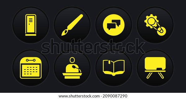 Set Calendar, Timing belt kit, Gives lecture, Open\
book, Speech bubble chat, Paint brush, Chalkboard and Locker or\
changing room icon. Vector