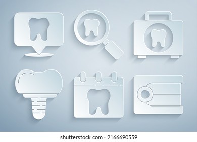 Set Calendar with tooth, First aid kit, Dental implant, Dentures model, search and clinic location icon. Vector