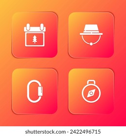 Set Calendar with tree, Camping hat, Carabiner and Compass icon. Vector