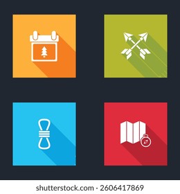 Set Calendar with tree, Crossed arrows, Climber rope and Location of the forest on map icon. Vector