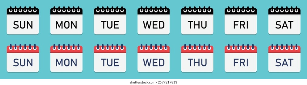 Set of calendar vector icons with seven days week. Days of the week. Every day of a week calendar icons set isolated on a blue background. Flat style. Vector illustration.