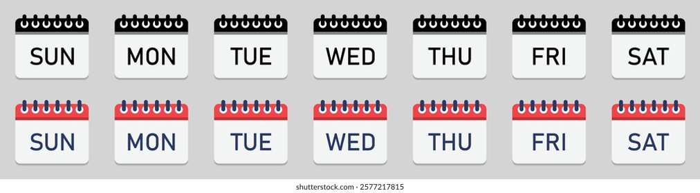 Set of calendar vector icons with seven days week. Days of the week. Every day of a week calendar icons set isolated on a gray background. Flat style. Vector illustration.