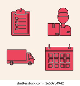 Set Calendar , Verification of delivery list clipboard , Delivery man with cardboard boxes  and Delivery cargo truck vehicle  icon. Vector