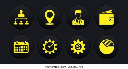 Set Kalender, Brieftasche, Zeitmanagement, Gear mit Dollar Symbol, Benutzer des Menschen im Business Anzug und Karte Pin Symbol. Vektorgrafik