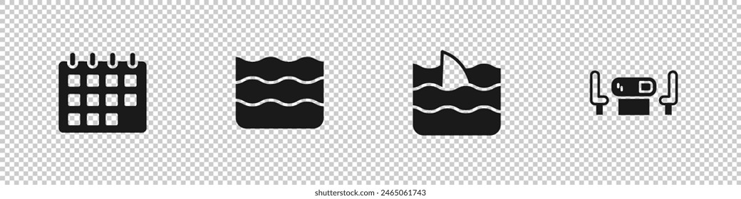 Set Calendar, Wave, Shark fin in ocean wave and Poker table icon. Vector