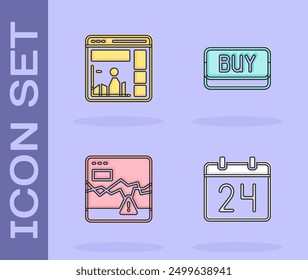 Establecer calendario, Sitio web con gráfico de crecimiento, mercado de valores de fracaso y comprar Botón icono. Vector
