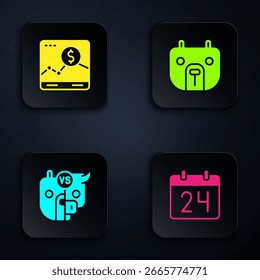 Set Calendar, Website with growth graph, Bull and bear of stock market and Bear. Black square button. Vector