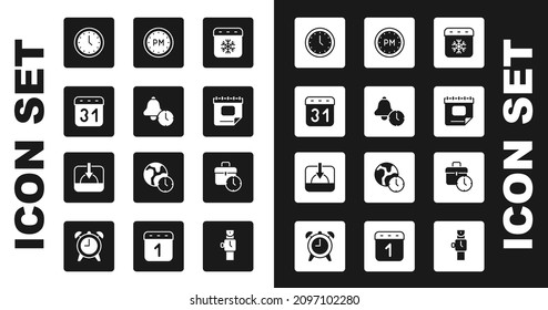 Ajuste el invierno del calendario, el reloj de alarma, el reloj, la hora del día, el trabajo y el atardecer. Vector