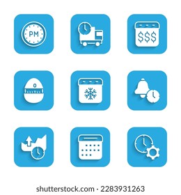 Set Calendar winter, Time management, Alarm clock, Stocks market growth graphs, Kitchen timer, Payday, calendar with dollar and Day icon. Vector