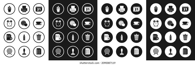 Set Calendar, World map made from speech bubble, Alarm clock, Flowers in pot, Coffee cup flat, Printer, Trash can and Document with minus icon. Vector