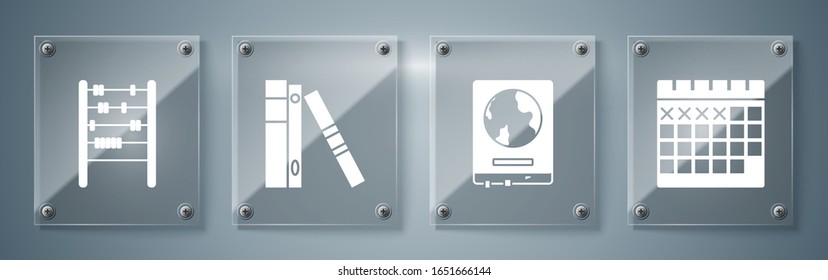 Set Calendar, World map on a school blackboard, Office folders with papers and documents and Abacus. Square glass panels. Vector