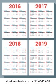 Set of Calendars for 2016, 2017, 2018, 2019 Years on White Background. Week Starts Sunday. Vector Design Print Template