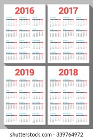 Set of Calendars for 2016, 2017, 2018, 2019 Years on White Background. Week Starts Monday. Vector Design Print Template