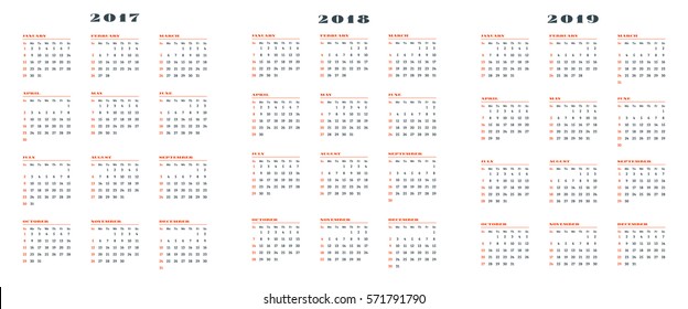 Set of calendars for 2017, 2018, 2019 years. Week starts Sunday. Vector Illustration