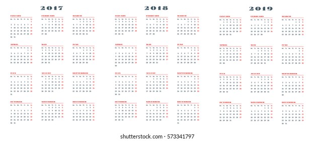 Set of calendars for 2017, 2018, 2019 years. Week starts Monday. Vector Illustration