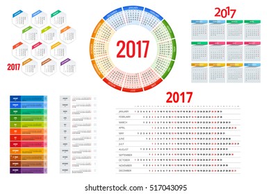 Set of Calendars for 2017. Print Template, Grid. Your Logo and Text. Week Starts Sunday. Portrait Orientation. Set of 12 Months