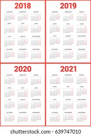 Set of calendars for 2018, 2019, 2020, 2021 years. Week Starts Monday. Simple Vector Template. Stationery Design Template