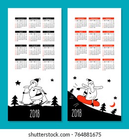 Set of calendars for 2018. Vector illustration with funny Santa Claus skiing and snowboarding.