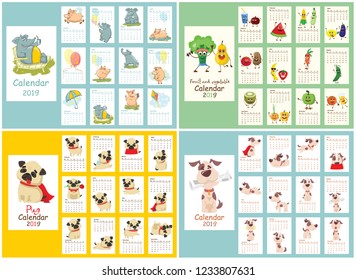 Set of the Calendars 2019 with funny dog, elephant and pig, fruit and vegetable characters . Cute characters for every month. Vector. Isolated.